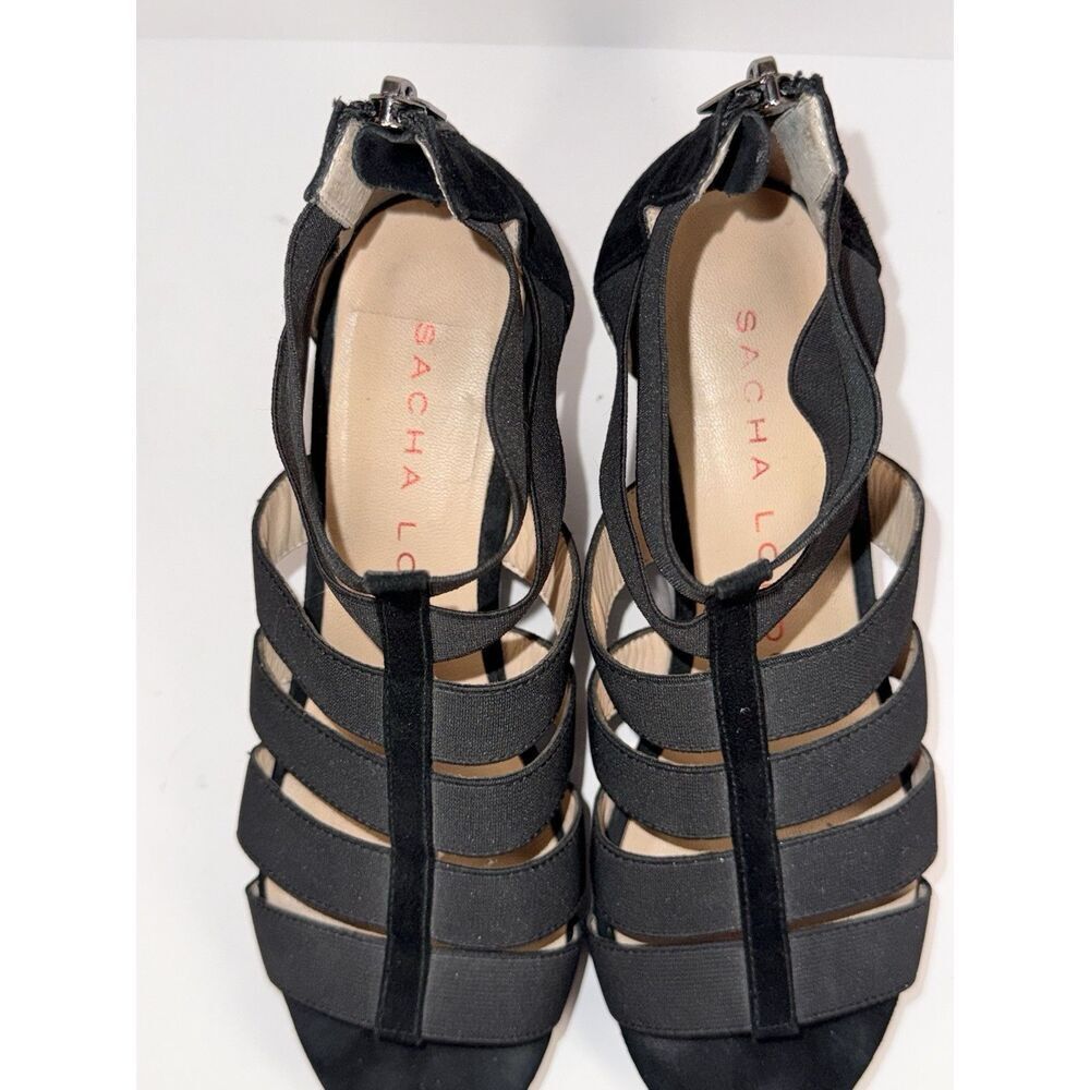 Sacha London Omega Wedge Strappy Sandal Elastic Black Patent Leather Classic 7.5 - Picture 7 of 14